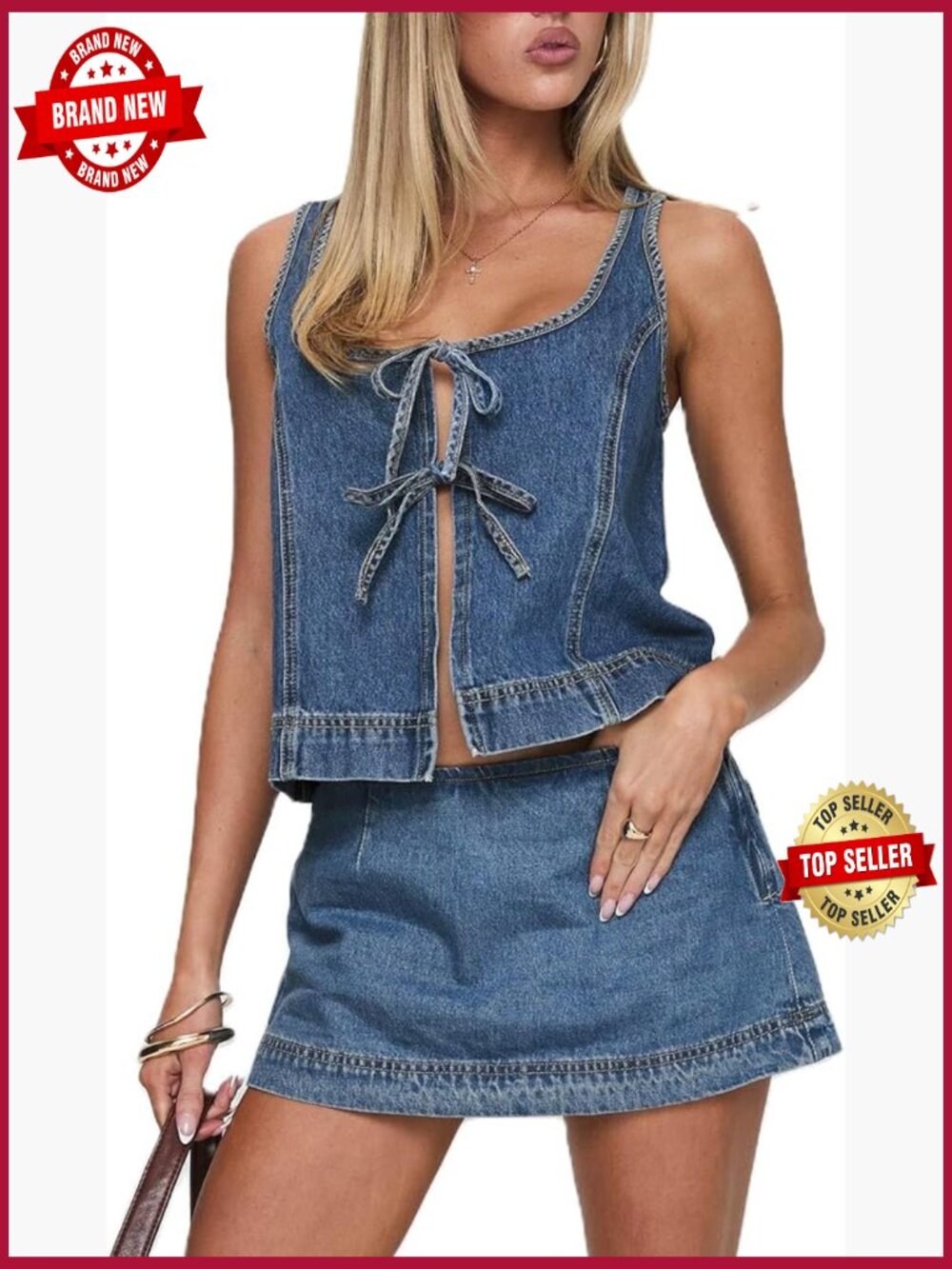 Denim Two-Piece Set - Sleeveless Scoop Neck Tank & Mini Skirt, Going Out Outfit
